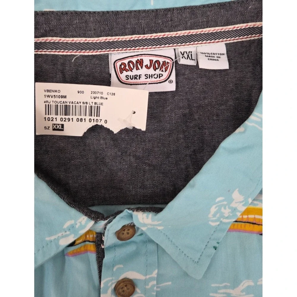 Ron Jon Surf Shop Teal Blue Hawaiian Shirt Tropical Toucan NWT - Picture 4 of 8